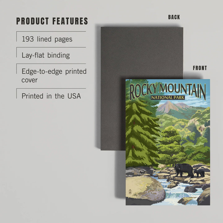Lined 6x9 Journal, Rocky Mountain National Park, Colorado, Black Bears and Stream, Lay Flat, 193 Pages, FSC paper