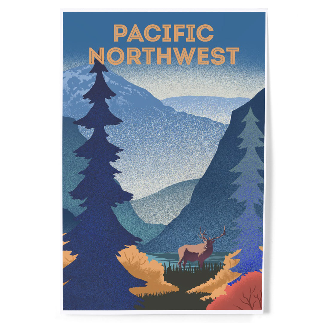 Pacific Northwest, Lithograph, Elk and Mountains Scene, Art & Giclee Prints