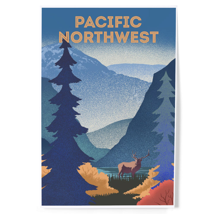 Pacific Northwest, Lithograph, Elk and Mountains Scene, Art & Giclee Prints