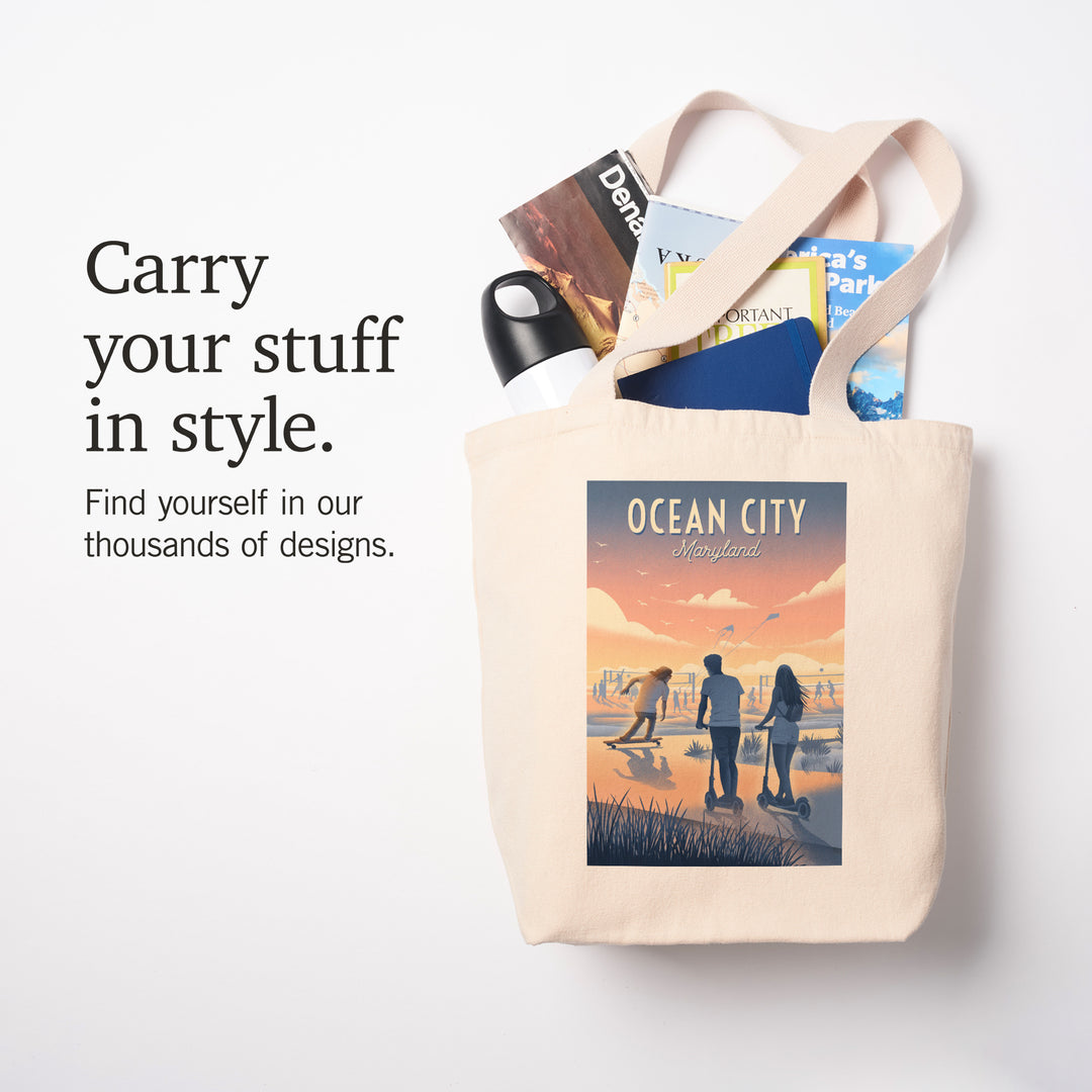 Ocean City, Maryland, Lithograph, Enjoy the Ride, Longboards and Scooters, Tote Bag