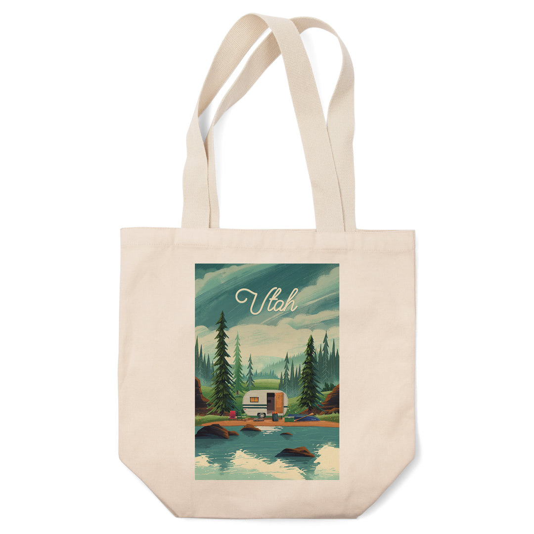 Utah, Outdoor Activity, At Home Anywhere, Camper in Evergreens, Tote Bag