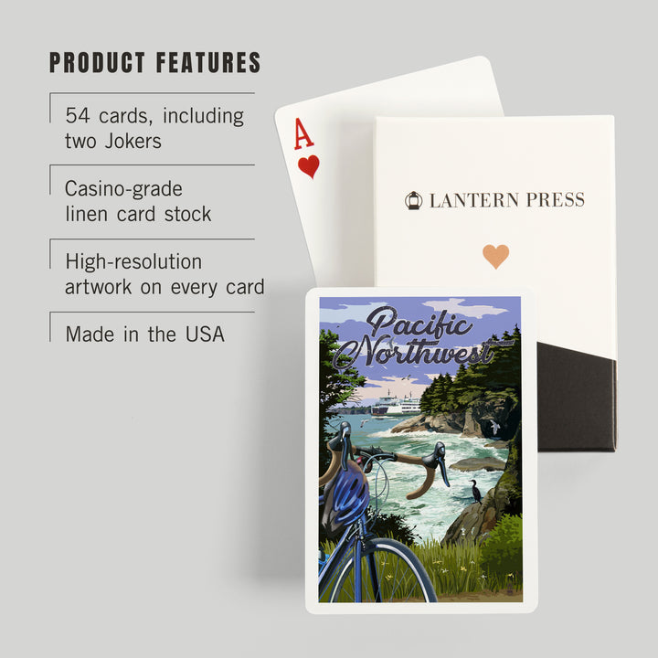 Playing Cards, Pacific Northwest, Bike and Ferry, 52 Card Deck with Jokers in Box, Unique Art