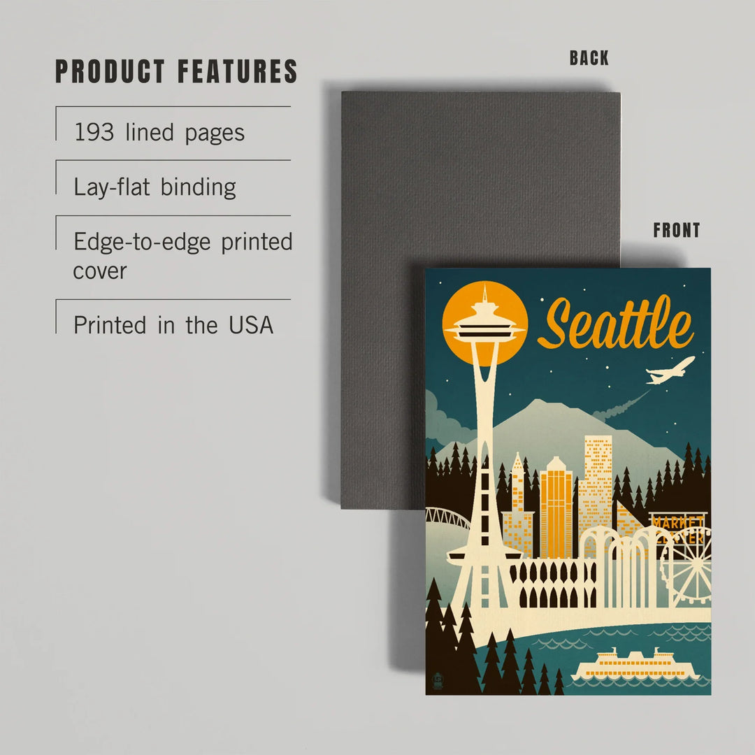 Lined 6x9 Journal, Seattle, Washington, Retro Skyline, Lay Flat, 193 Pages, FSC paper