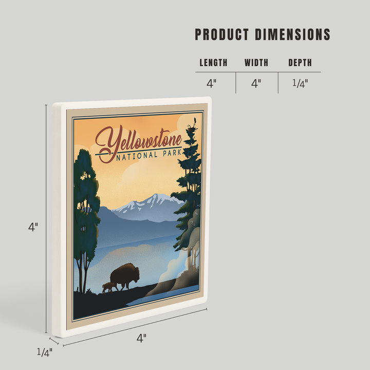 Yellowstone National Park, Bison and Lake, Lithograph National Park Series, Coasters