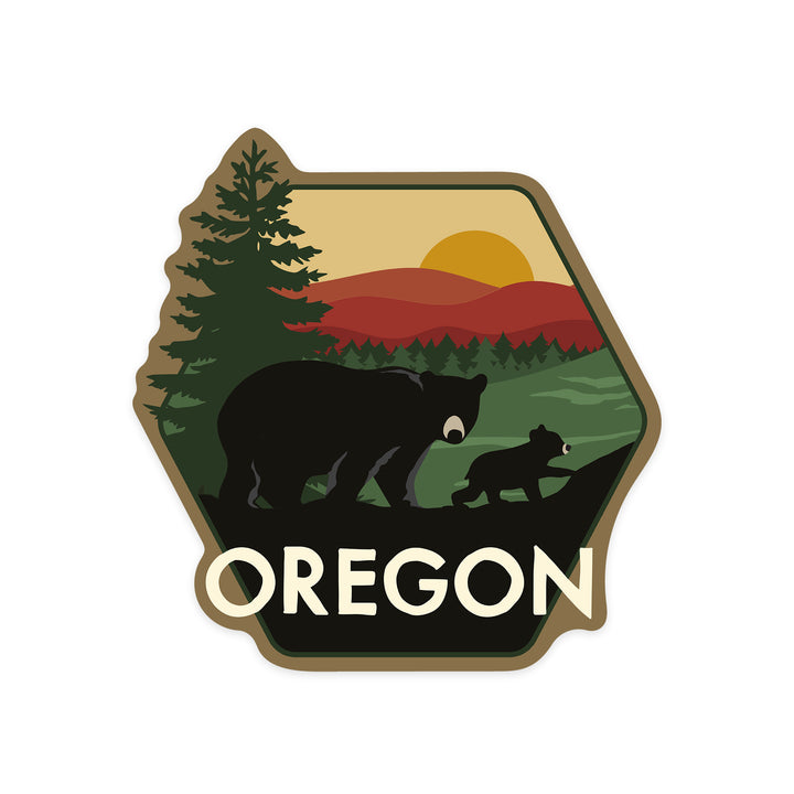 Oregon, Bear & Cub, Vector, Contour, Lantern Press Artwork, Vinyl Sticker