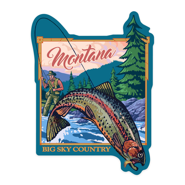 Montana, Big Sky Country, Fly Fishing Scene, Contour, Vinyl Sticker