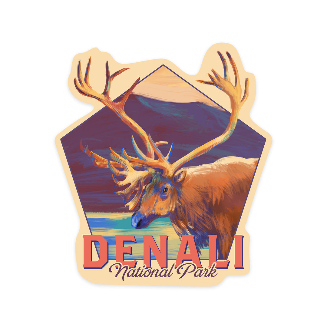 Denali National Park, Alaska, Caribou, Vivid Watercolor, Contour, Lantern Press Artwork, Vinyl Sticker