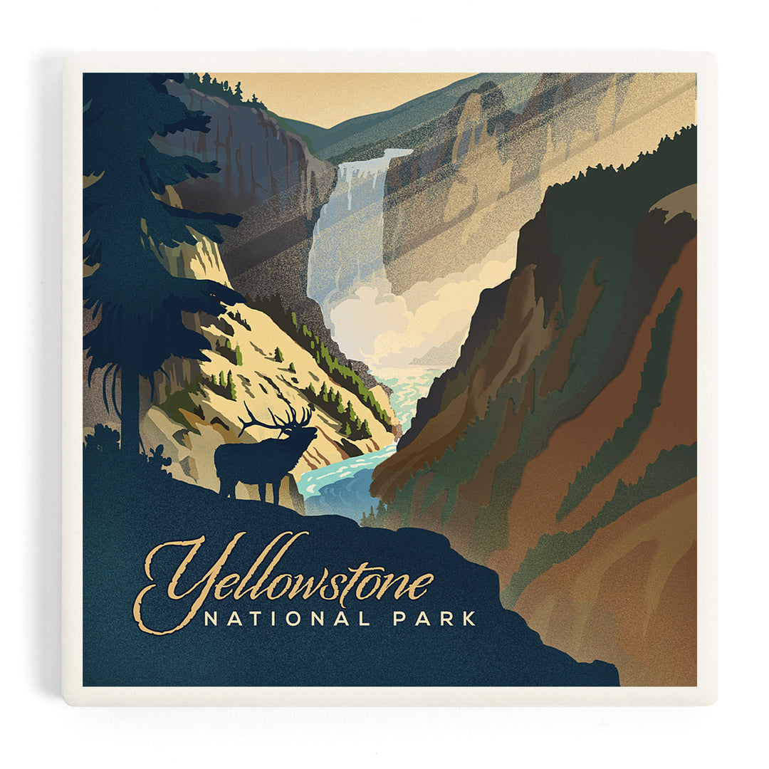 Yellowstone National Park, Wyoming, Yellowstone Falls, Lithograph, Coasters