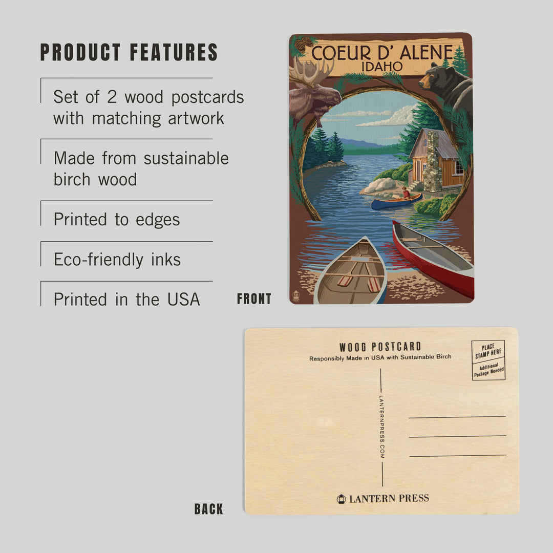 Coeur d'Alene, Idaho, Cabin on the Lake, Montage, Wood Sign and Postcards