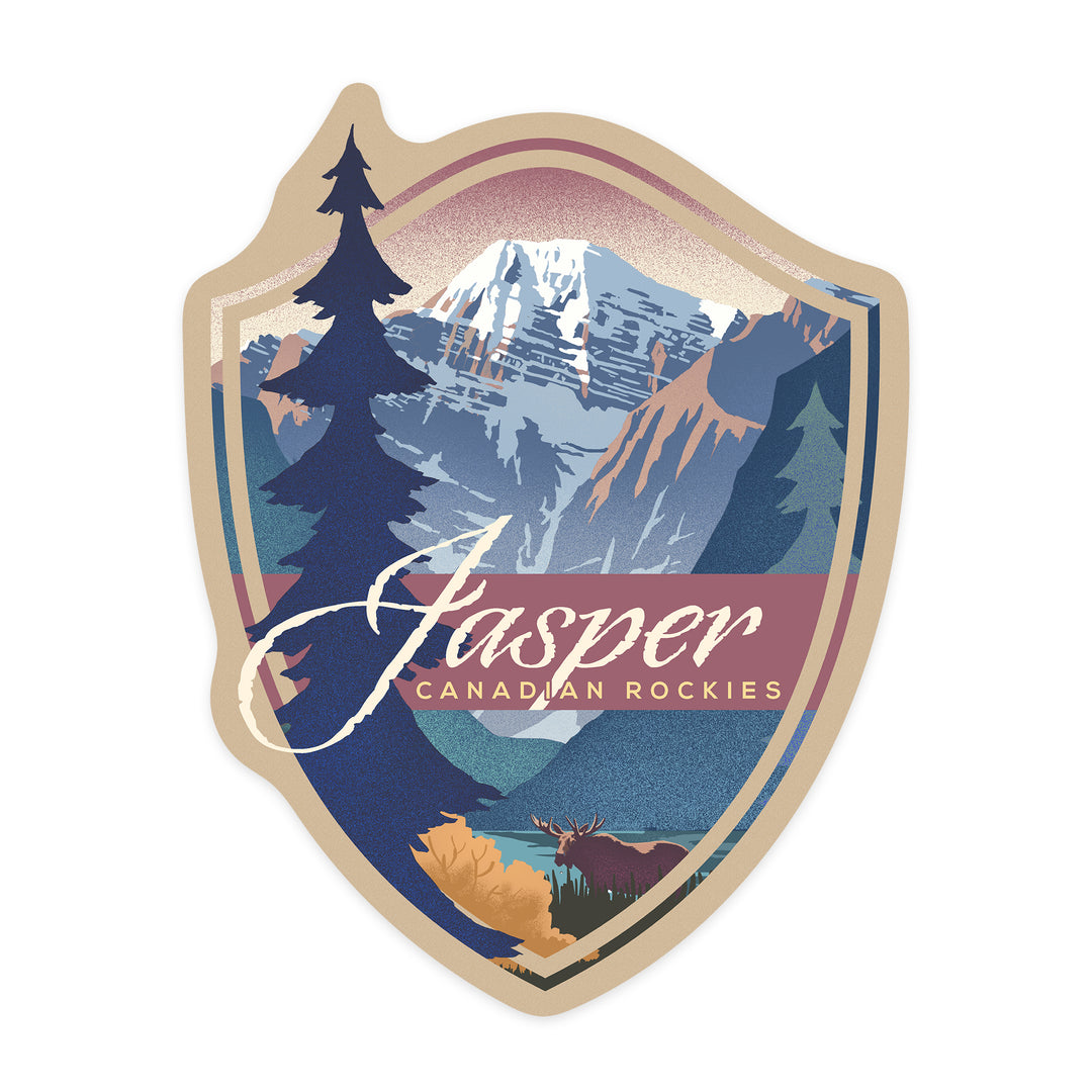 Jasper, Canada, Canadian Rockies, Mountain Scene, Lithograph, Contour, Vinyl Sticker