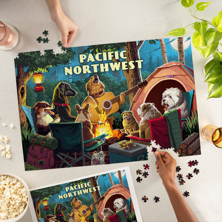 Pacific Northwest, Painterly, Pack Life, Dogs Around Campfire, Jigsaw Puzzle