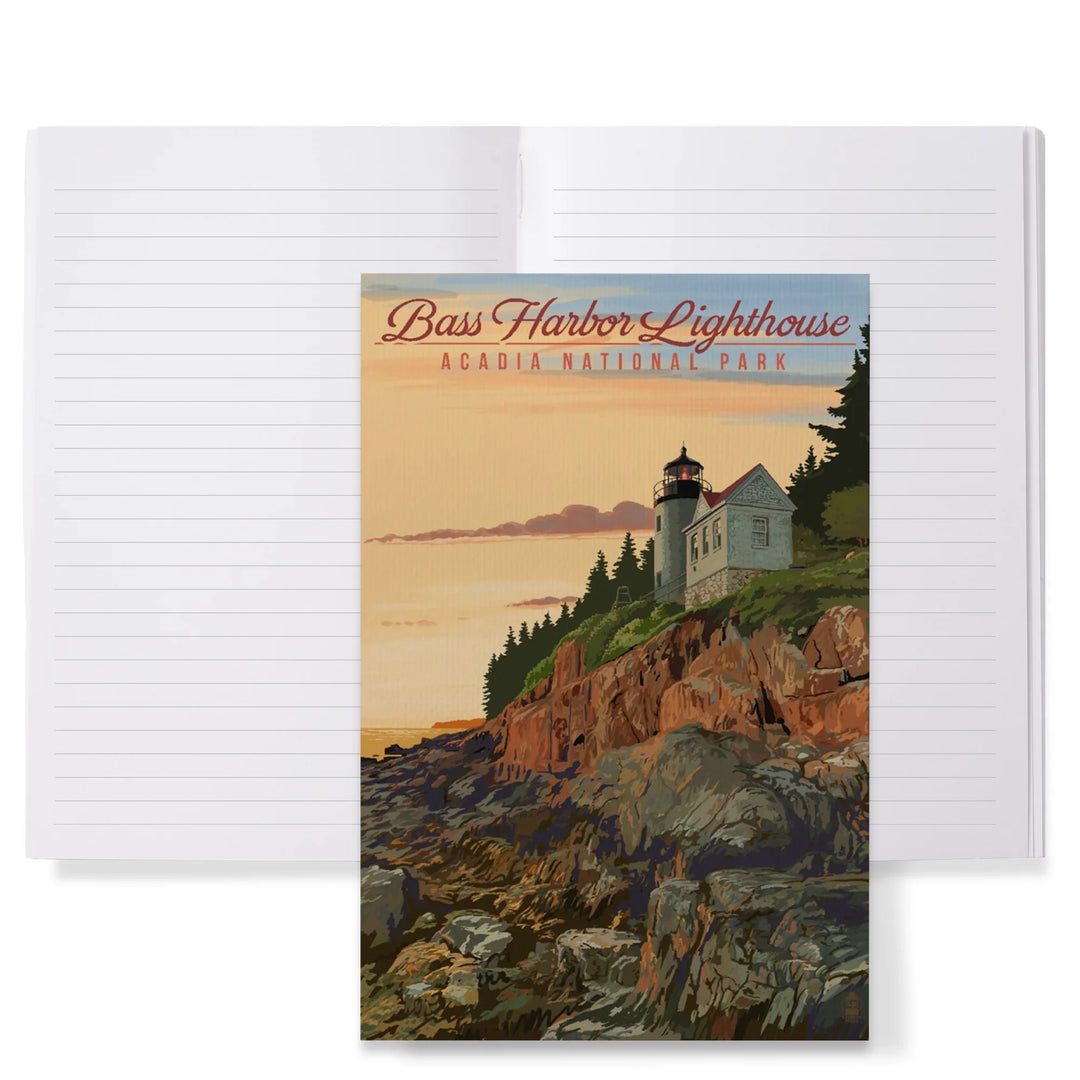 Lined 6x9 Journal, Acadia National Park, Maine, Bass Harbor Lighthouse Illustration, Lay Flat, 193 Pages, FSC paper