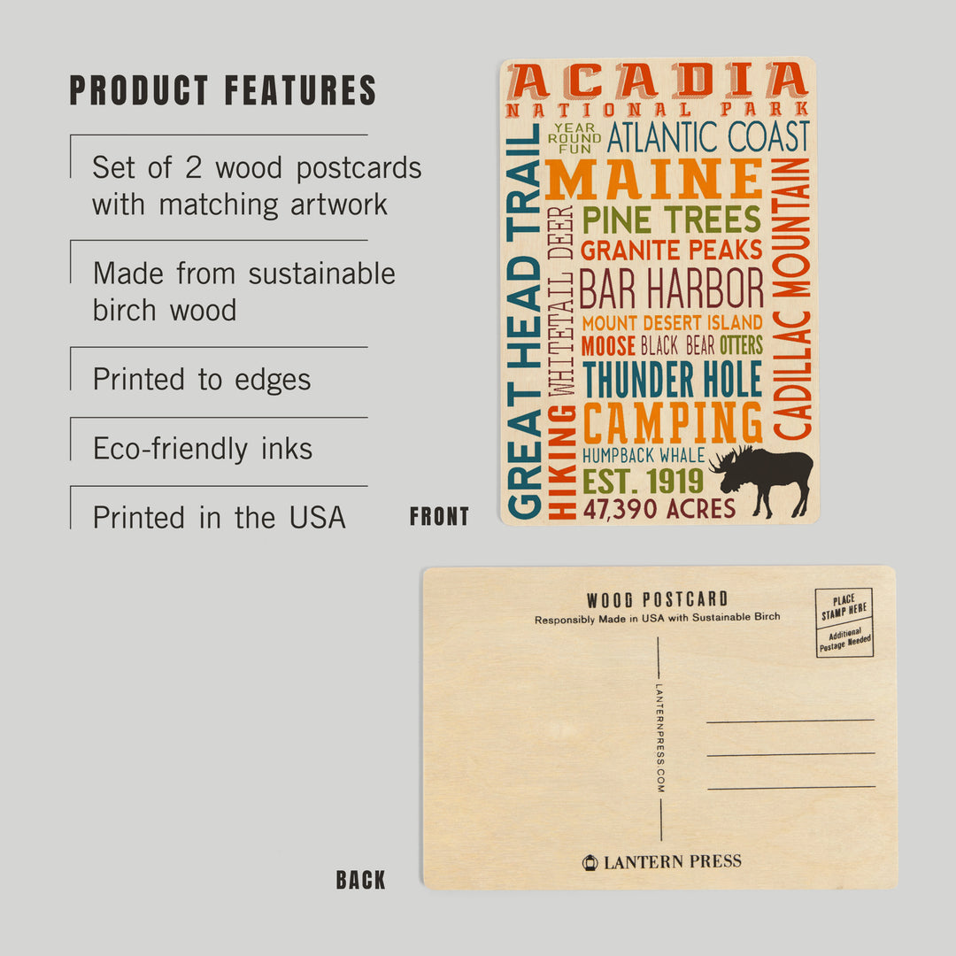 Acadia National Park, Maine, Typography, Wood Sign and Postcards