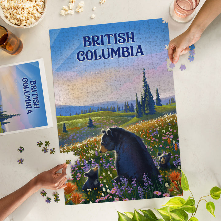 British Columbia, Lithograph, Bear Family in Field, Jigsaw Puzzle