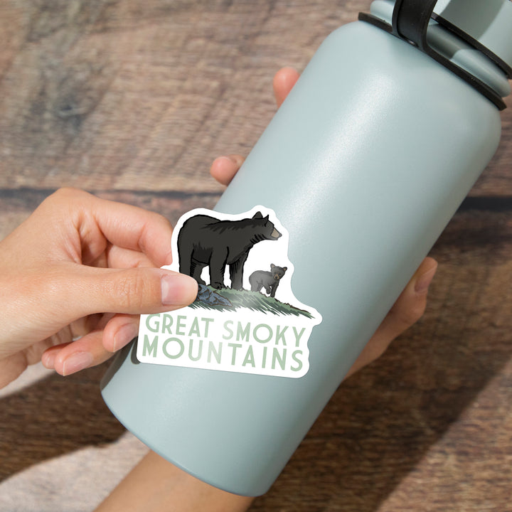 Great Smoky Mountains, Black Bear & Cub, Contour, Lantern Press Artwork, Vinyl Sticker