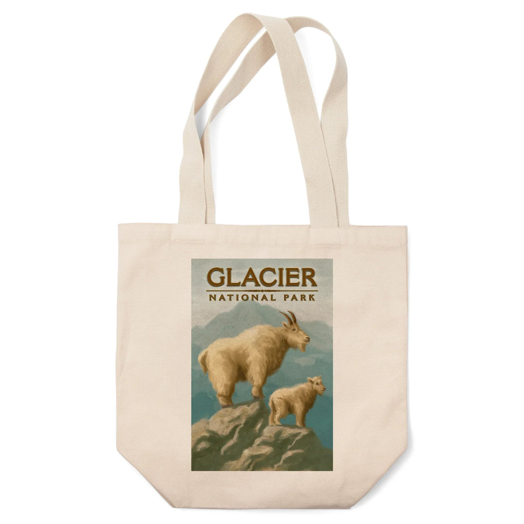 Glacier National Park, Montana, Oil Painting, Mountain Goats, Tote Bag