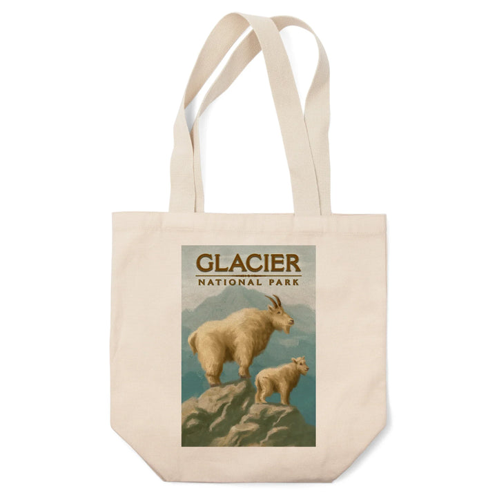 Glacier National Park, Montana, Oil Painting, Mountain Goats, Tote Bag