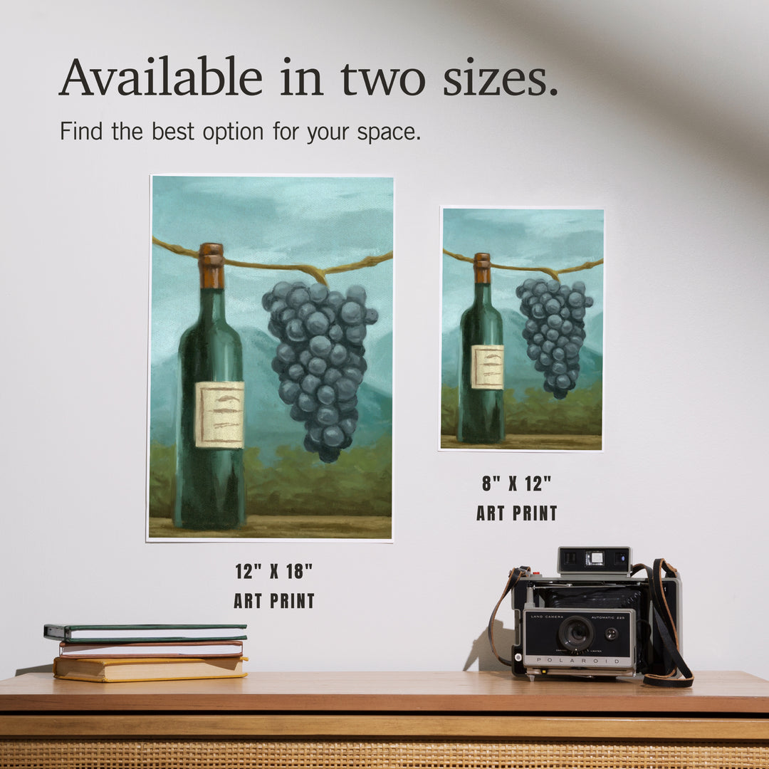 Blue Grapes and Wine Bottle, Oil Painting, Art & Giclee Prints