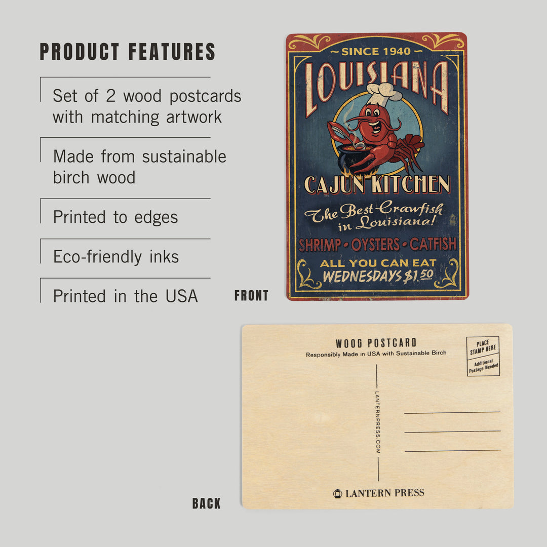 Louisiana, Vintage Sign, Cajun Kitchen Crawfish, Wood Sign and Postcards