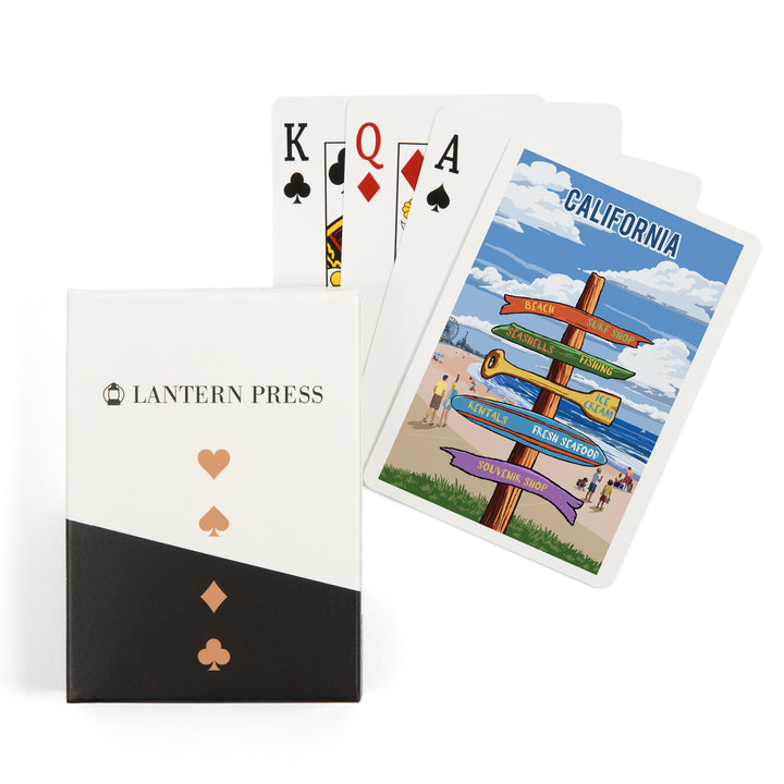 Playing Cards, California, Signpost, Coast Beach with Pier, 52 Card Deck with Jokers in Box, Unique Art