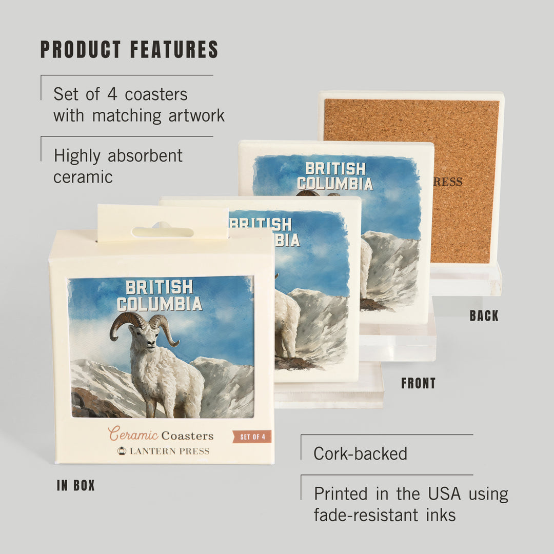 British Columbia, Watercolor Study, Dall Sheep, Coaster Set