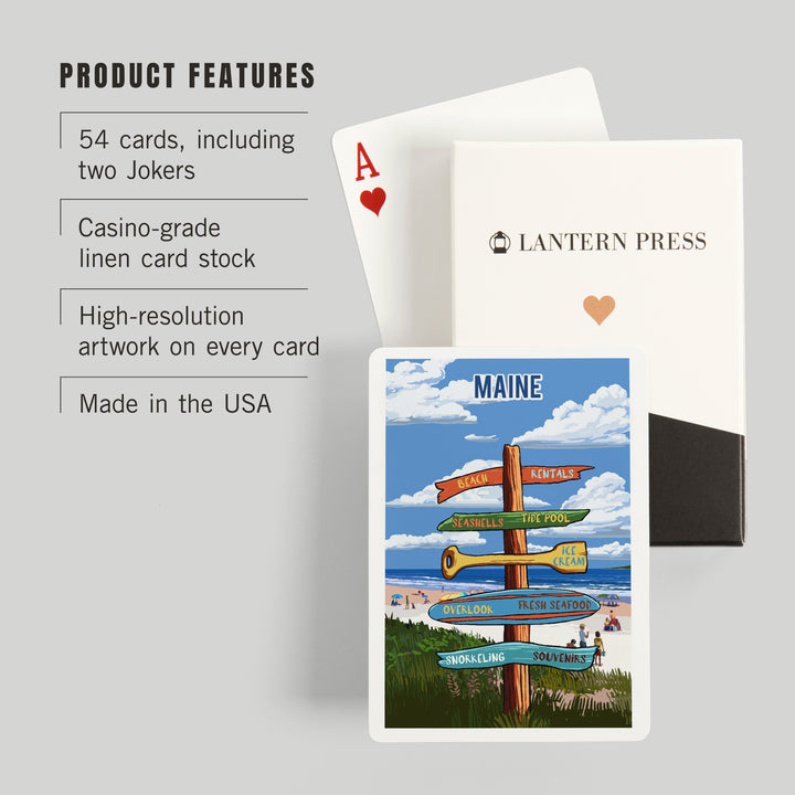Playing Cards, Maine, Signpost, Coast Beach with Umbrellas, 52 Card Deck with Jokers in Box, Unique Art