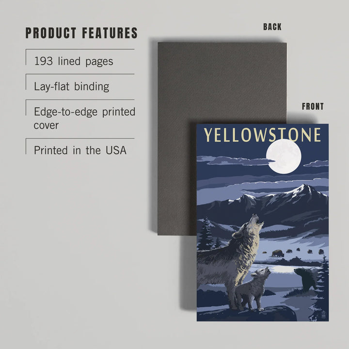 Lined 6x9 Journal, Yellowstone National Park, Wyoming, Wolves and Full Moon, Lay Flat, 193 Pages, FSC paper