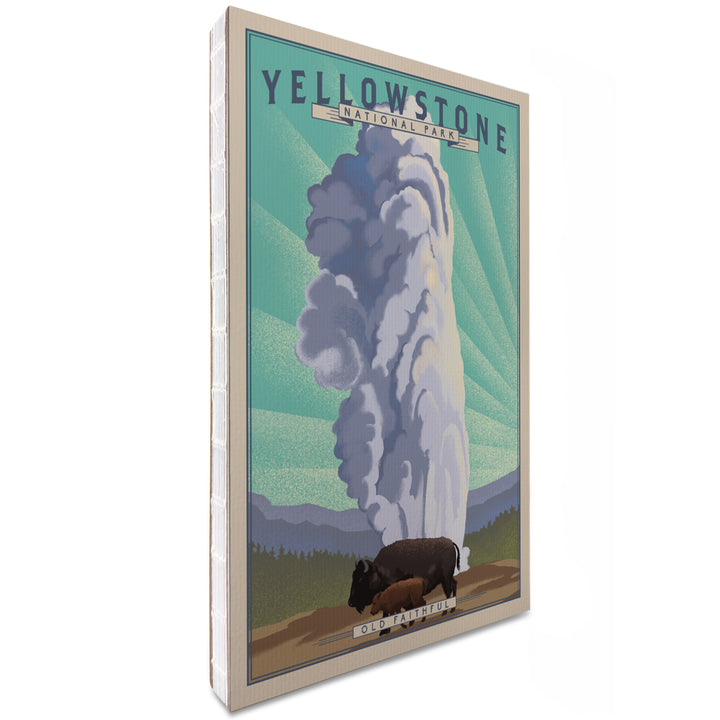 Lined 6x9 Journal, Yellowstone National Park, Wyoming, Old Faithful and Bison, Lithograph National Park Series, Lay Flat, 193 Pages, FSC paper