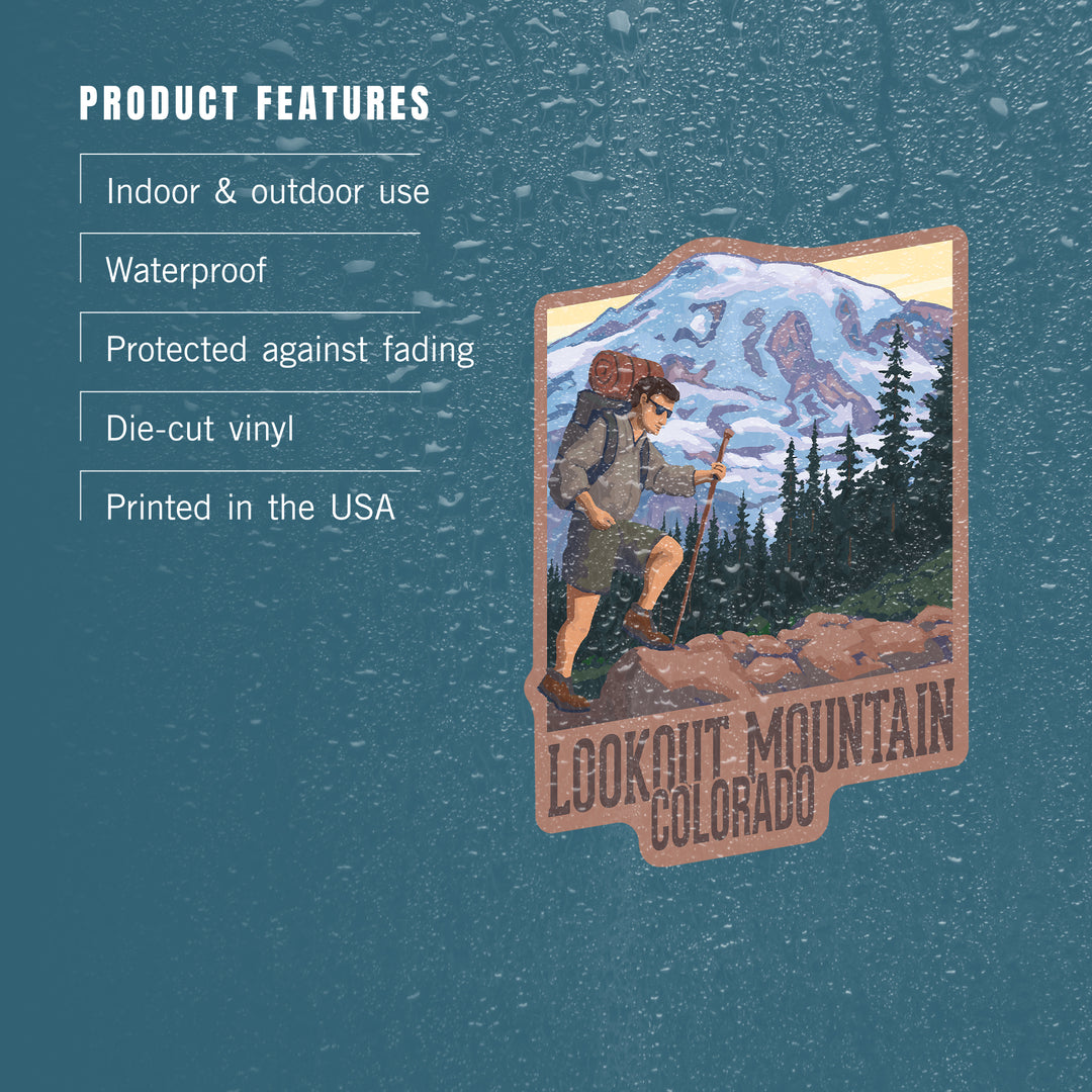 Lookout Mountain, Colorado, Hiker Scene, Contour, Vinyl Sticker