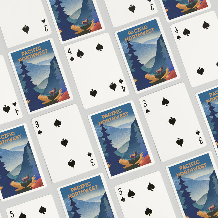 Playing Cards, Pacific Northwest, Lithograph, Elk and Mountains Scene, 52 Card Deck with Jokers in Box, Unique Art