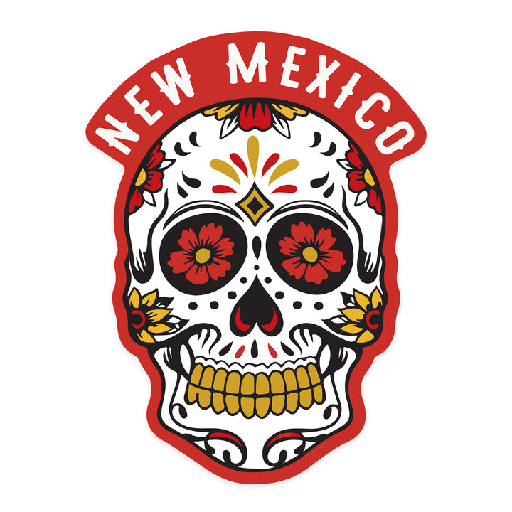 New Mexico, Day of the Dead, Sugar Skull & Flower Pattern, Contour, Lantern Press Artwork, Vinyl Sticker