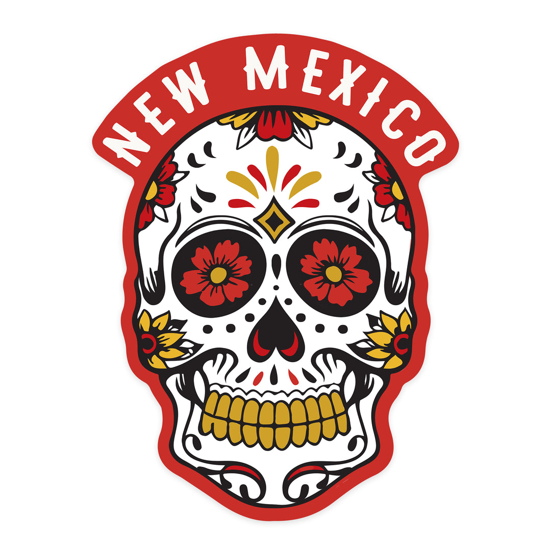 New Mexico, Day of the Dead, Sugar Skull & Flower Pattern, Contour, Lantern Press Artwork, Vinyl Sticker