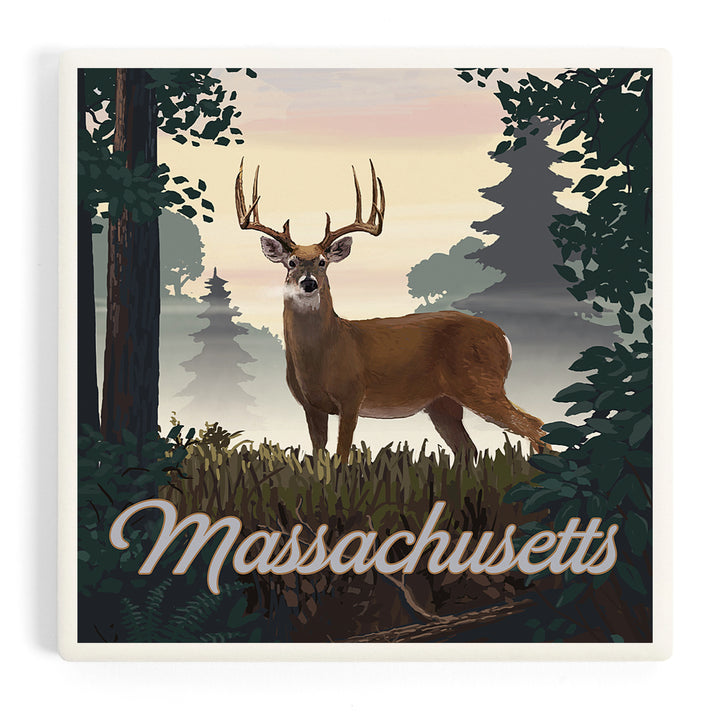Massachusetts, Painterly, Deer and Sunrise, Coasters