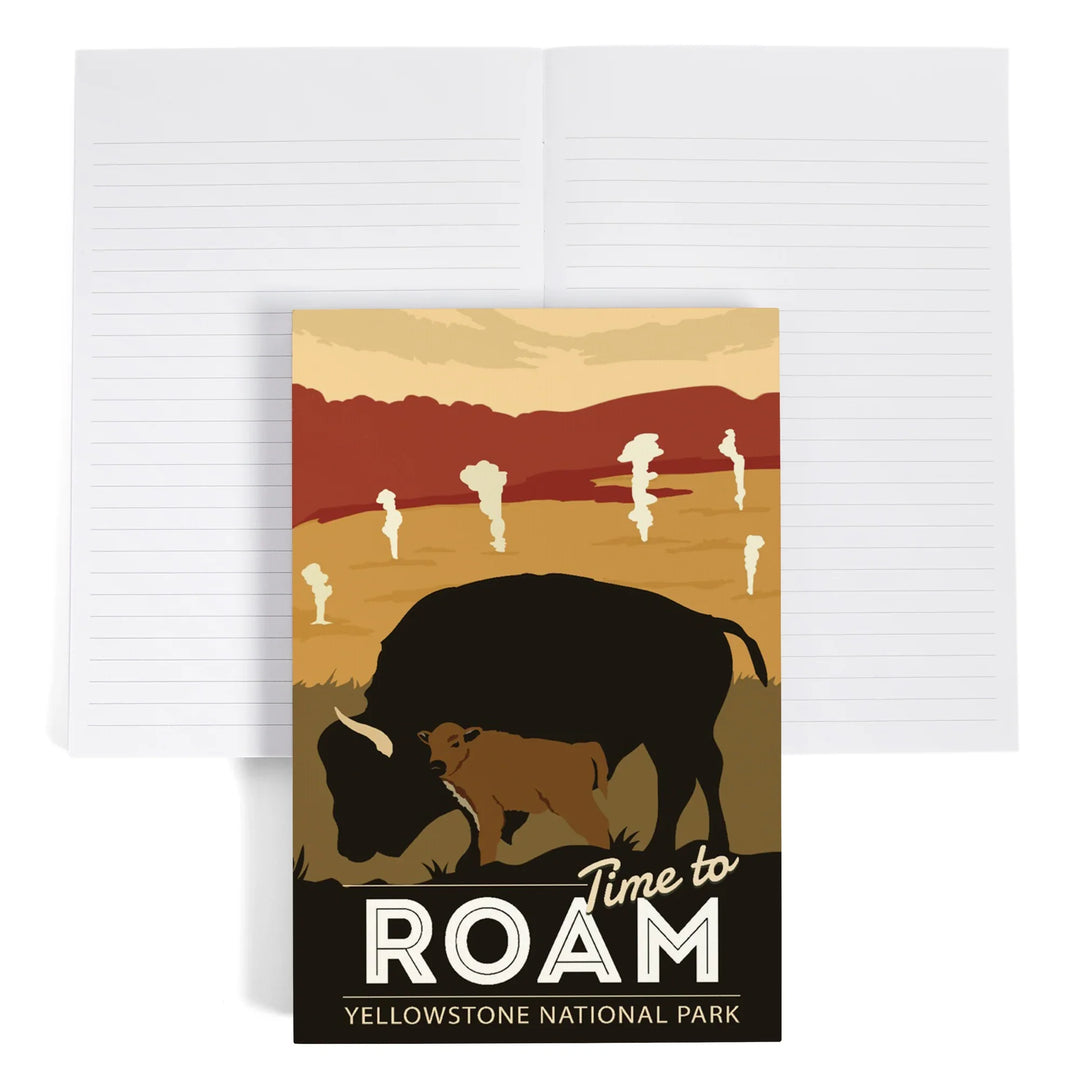 Lined 6x9 Journal, Yellowstone National Park, Time To Roam, Bison and Calf, Lay Flat, 193 Pages, FSC paper
