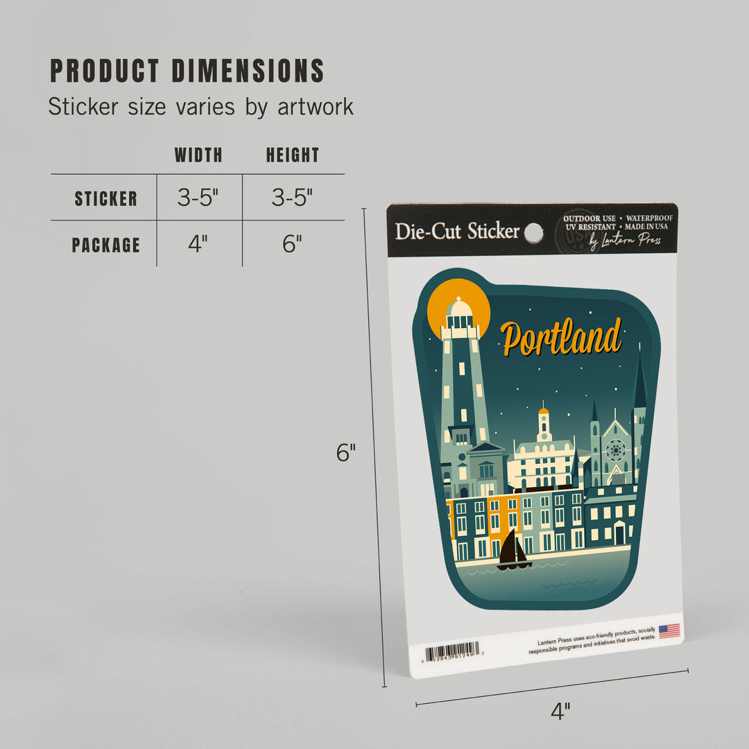 Portland, Maine, Retro Skyline, Vinyl Sticker