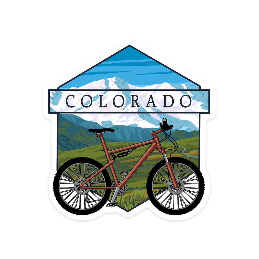 Colorado, Bike & Mountain Scene, Contour, Lantern Press Artwork, Vinyl Sticker