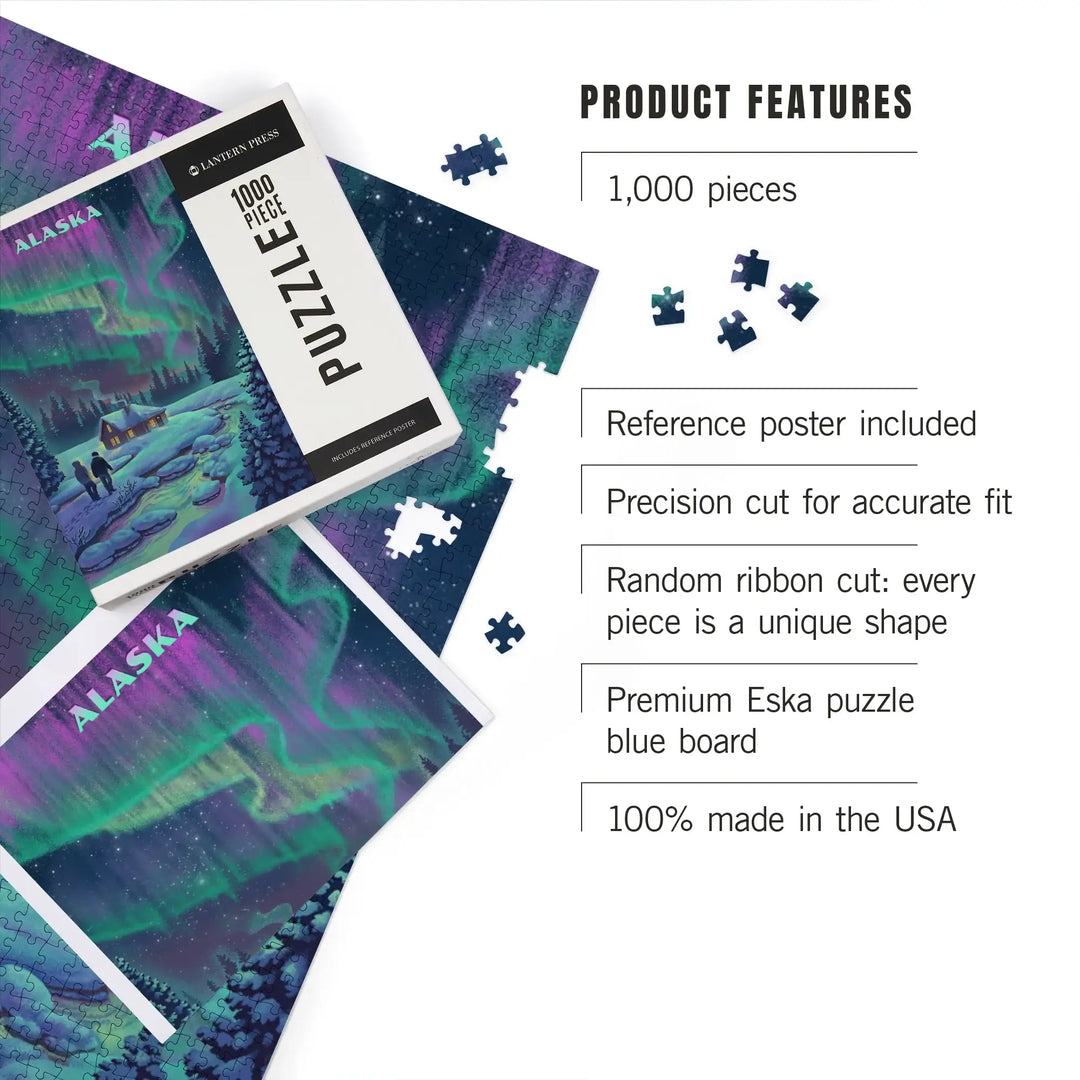 Alaska, Lithograph, Northern Lights and Cabin, Jigsaw Puzzle