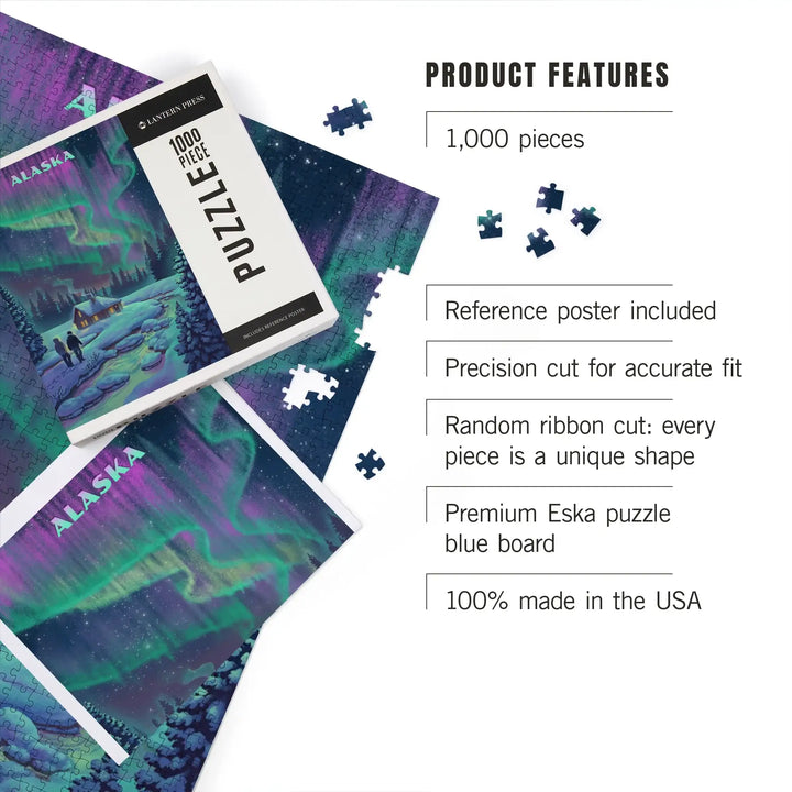 Alaska, Lithograph, Northern Lights and Cabin, Jigsaw Puzzle