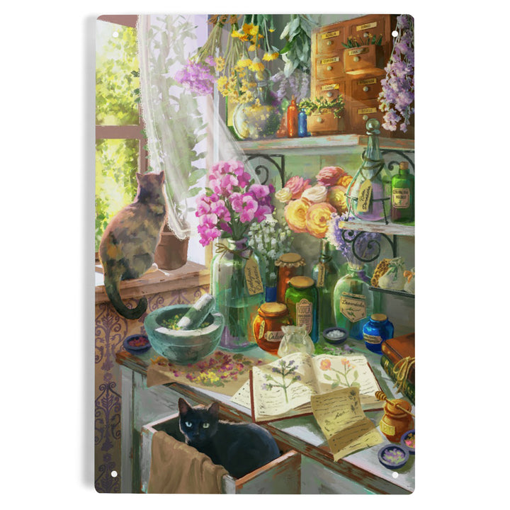 Garden Apothecary, With Cat, Oil Painting, 12x18 Metal Sign