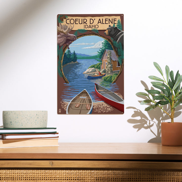 Coeur d'Alene, Idaho, Cabin on the Lake, Montage, Wood Sign and Postcards