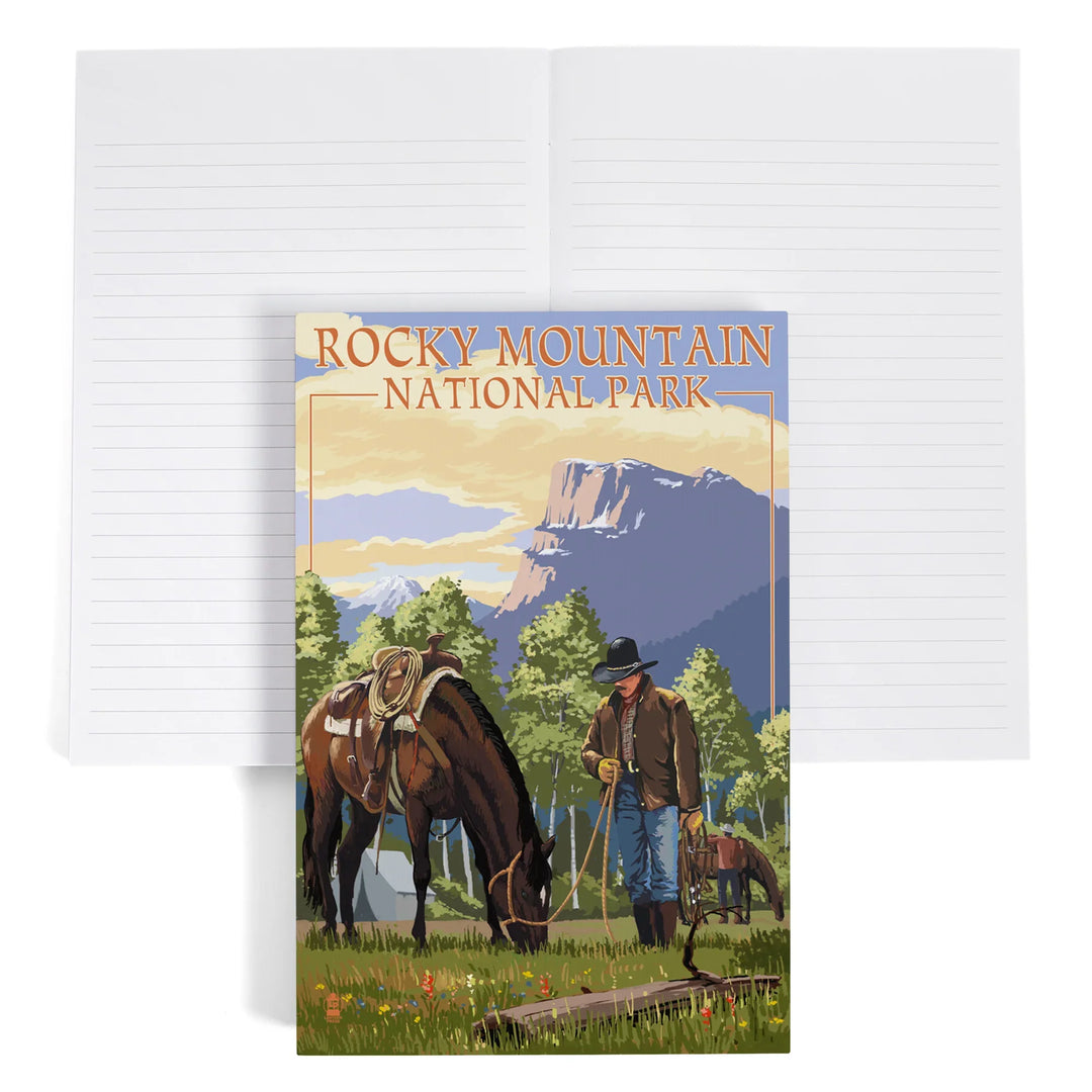 Lined 6x9 Journal, Rocky Mountain National Park, Colorado, Cowboy and Horse in Spring, Lay Flat, 193 Pages, FSC paper