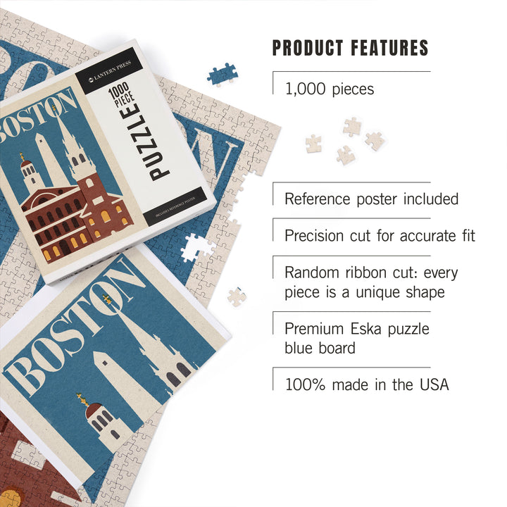 Boston, Massachusetts, Landmarks, Woodblock, 1000 Piece Jigsaw Puzzle