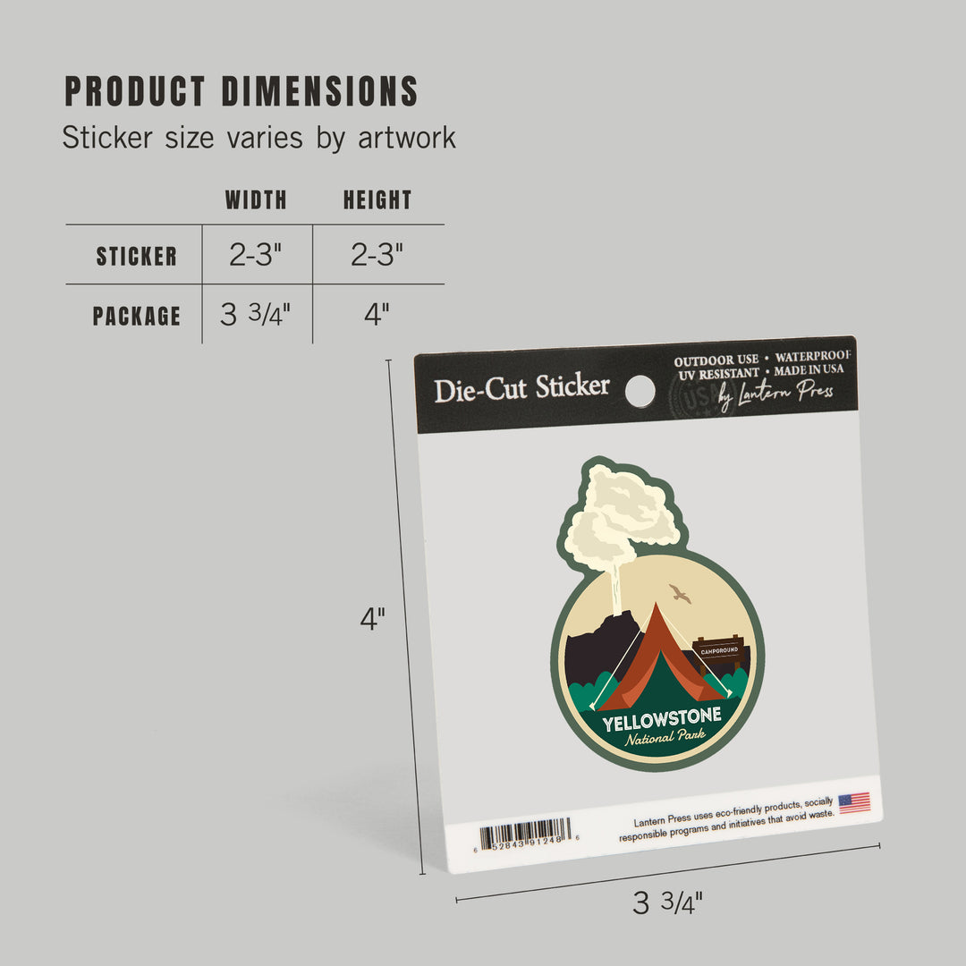 Yellowstone National Park, Geyser & Tent, Contour, Lantern Press Artwork, Vinyl Sticker