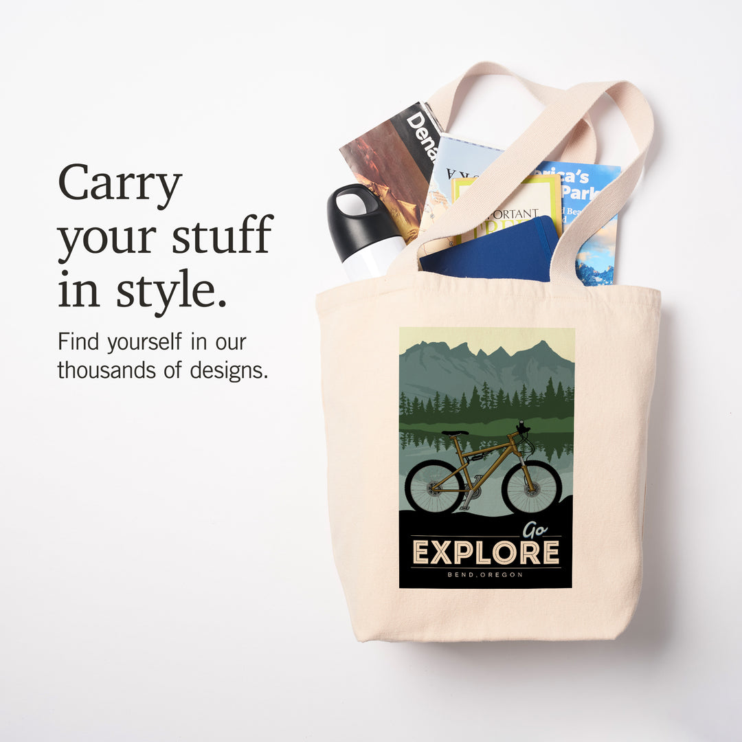 Bend, Oregon, Go Explore, Bike, Lantern Press Artwork, Tote Bag