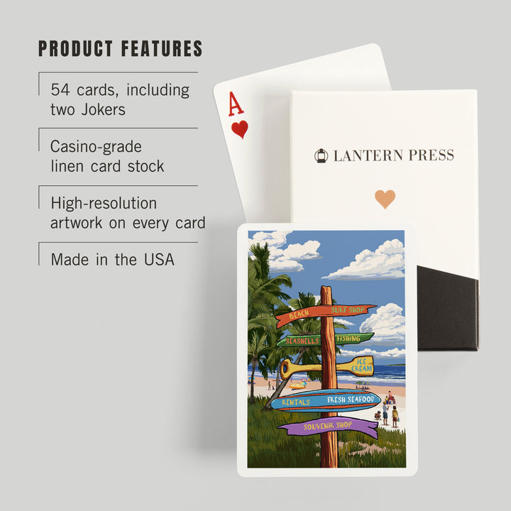 Playing Cards, Signpost, Coast Beach with Palms, 52 Card Deck with Jokers in Box, Unique Art
