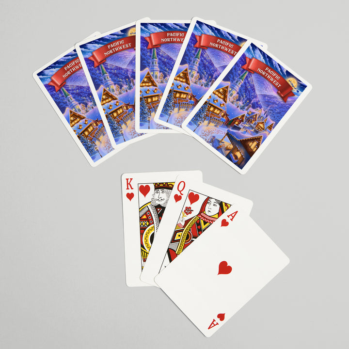 Playing Cards, Pacific Northwest, Sleepy Winter Village, 52 Card Deck with Jokers in Box, Unique Art