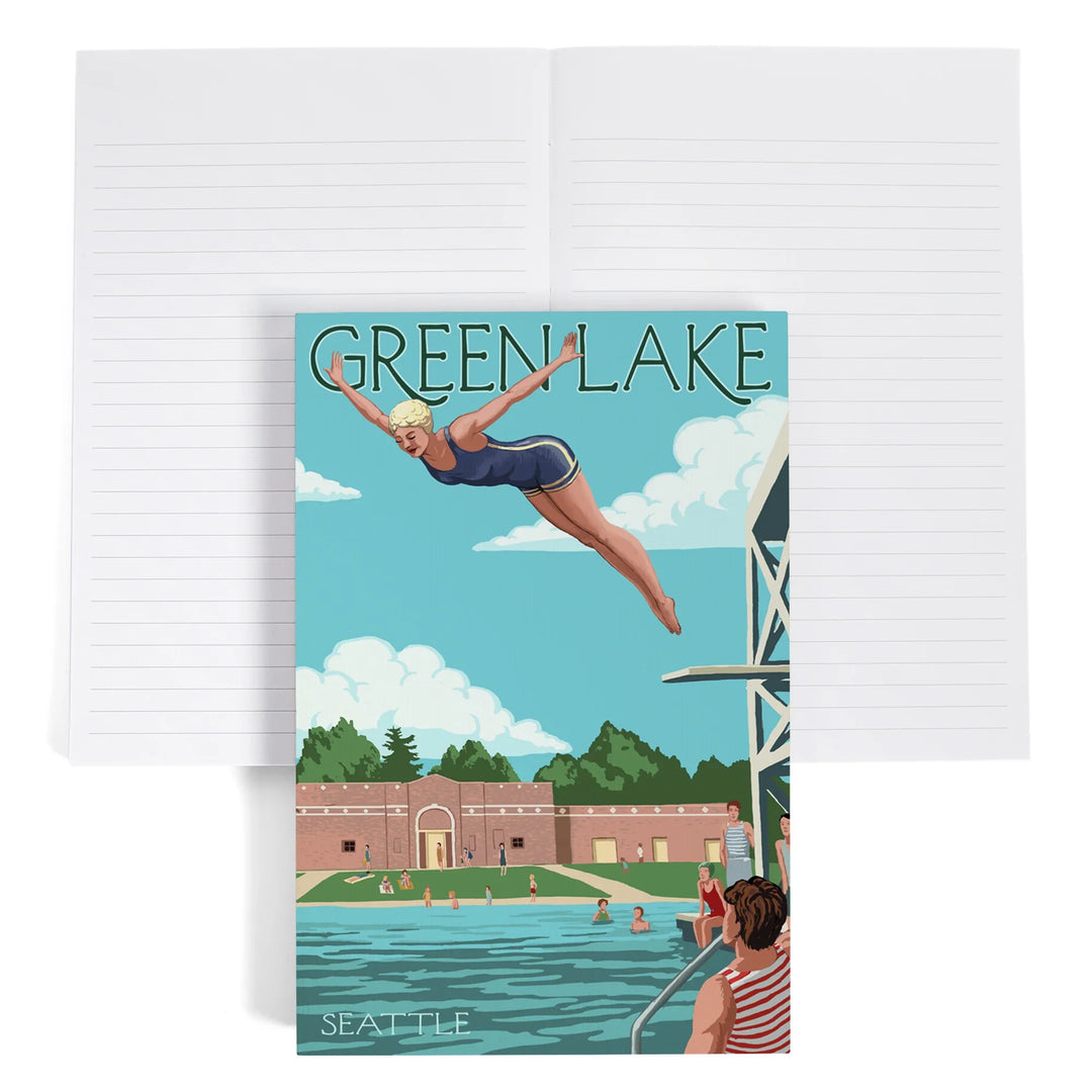 Lined 6x9 Journal, Seattle, Washington, Green Lake Woman Diving, Lay Flat, 193 Pages, FSC paper