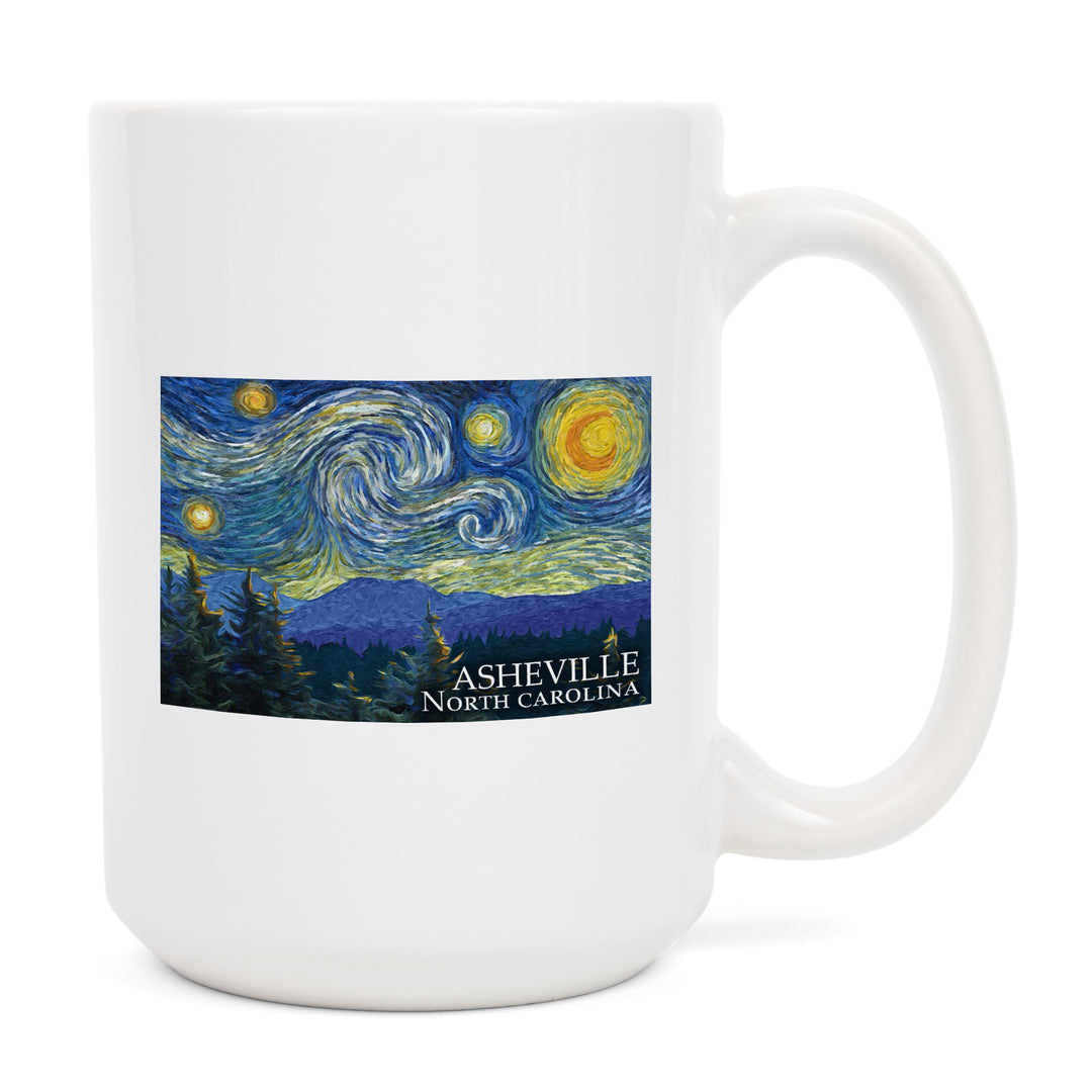 Asheville, North Carolina, Starry Night, Lantern Press Artwork, Ceramic Mug