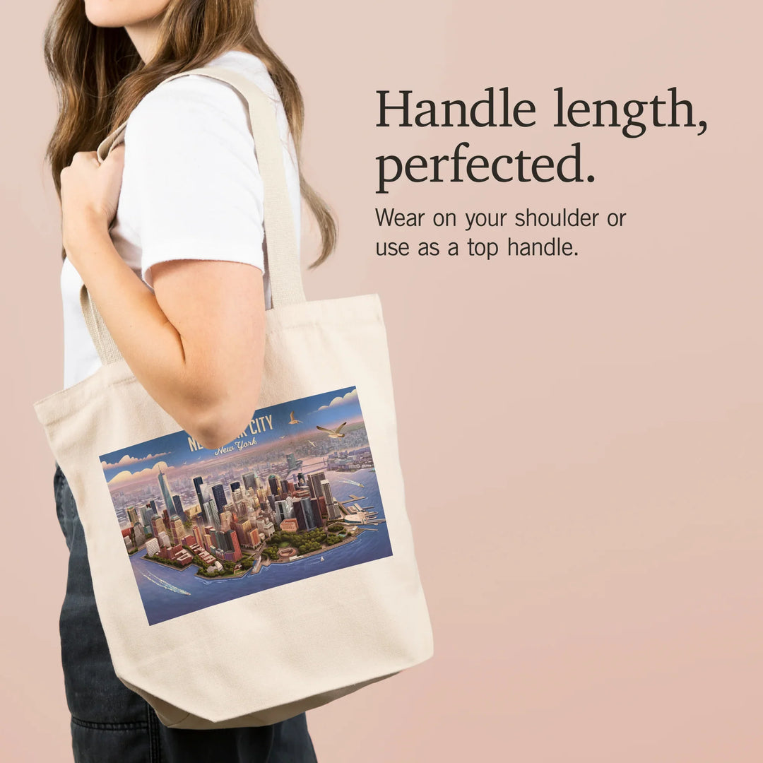 New York City, New York, Lithograph, Lower Manhattan, Tote Bag