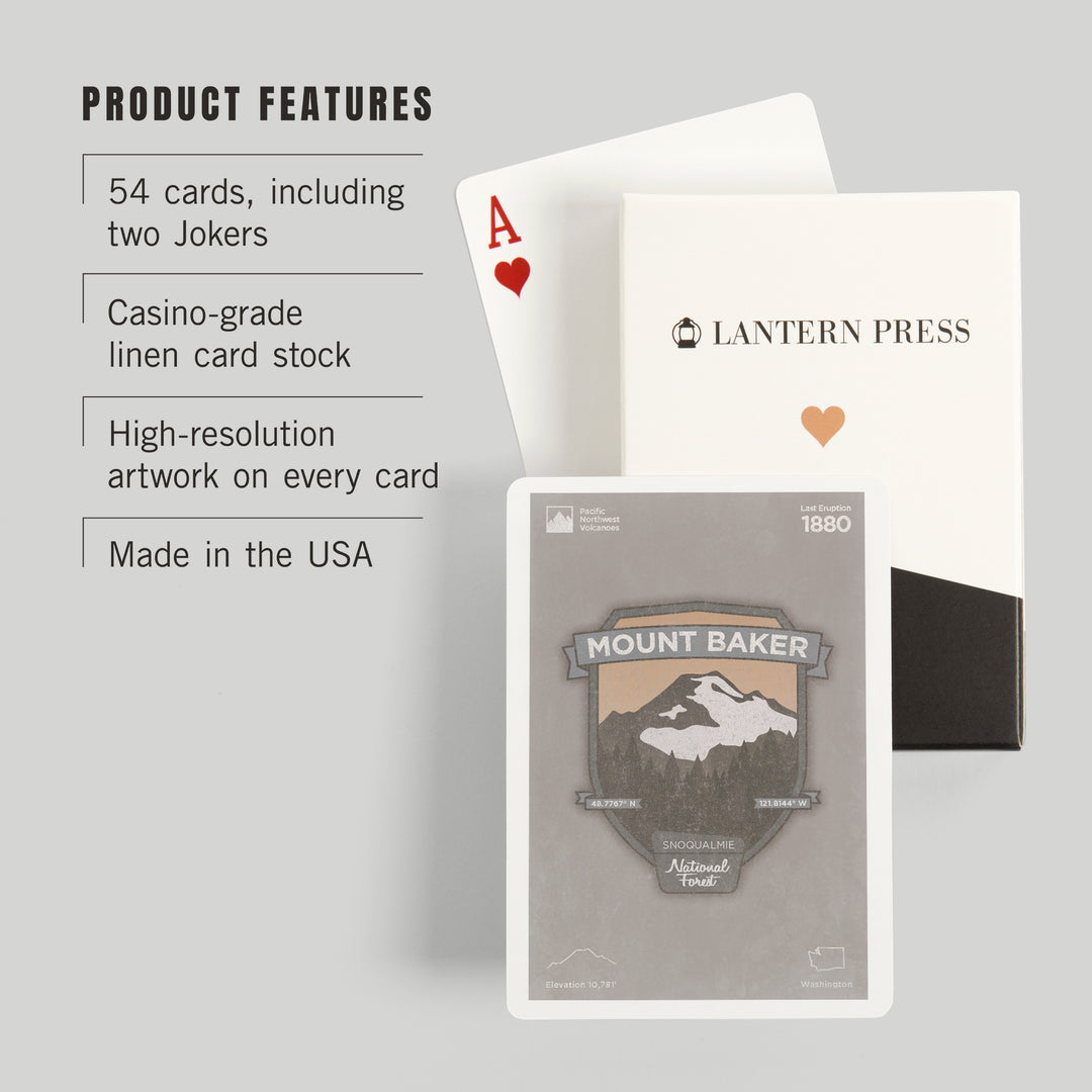 Playing Cards, Mount Baker, Washington, Pacific Northwest Volcanoes, 52 Card Deck with Jokers in Box, Unique Art